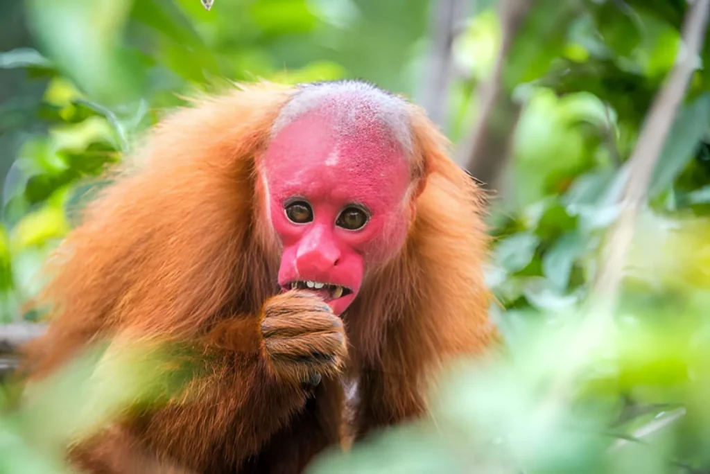 A striking close-up of a Bald Uakari's face, showing its hairless, vibrant crimson-red skin, high forehead, and deep-set eyes surrounded by long, shaggy white fur.