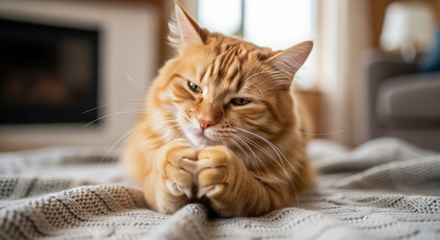 A close-up of an orange tabby cat on a grey blanket showing why do cats knead by pushing its paws into the fabric.