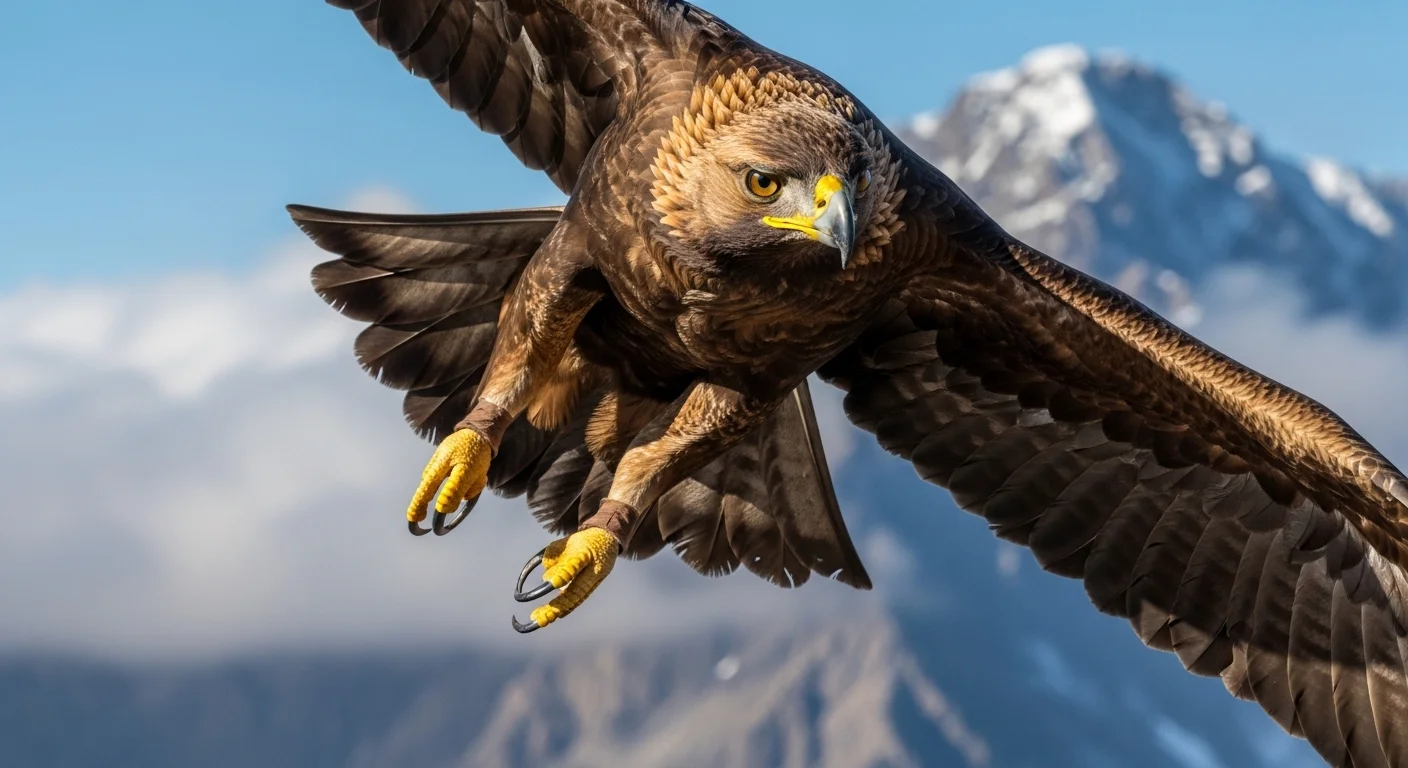 A golden eagle soaring through the air with wings spread and talons extended against a backdrop of snowy mountains.