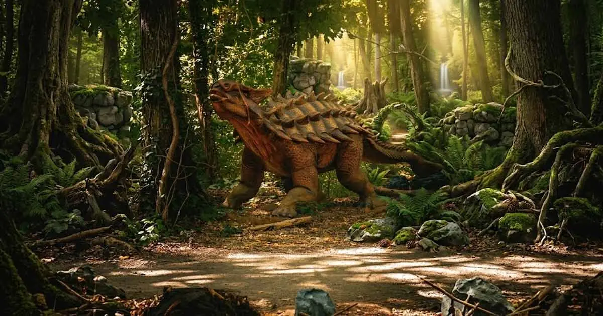 An armored extinct animal resembling an Ankylosaurus dinosaur walking through a lush, sunlit prehistoric forest with dense trees and a waterfall in the background.